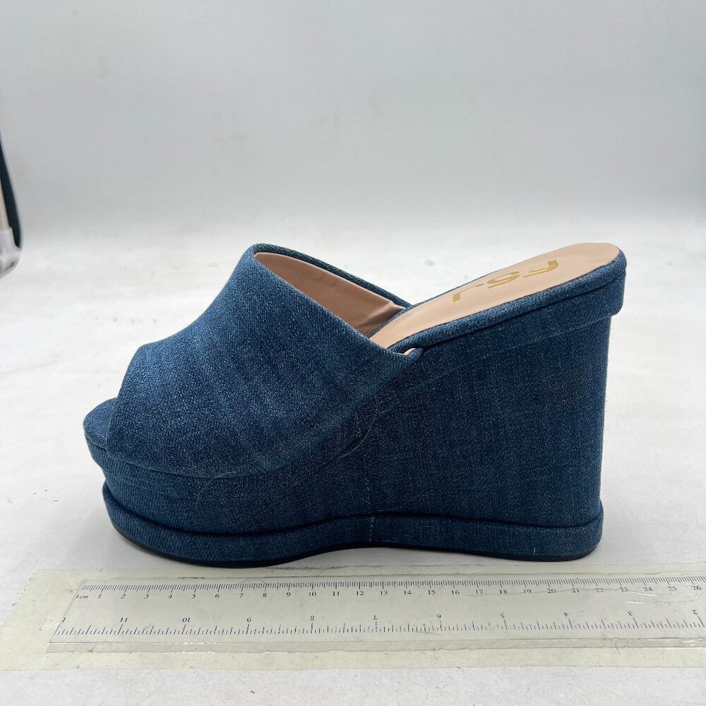 FSJ Navy Denim Platform Peep Toe Wedge High Heel Mules Sandals